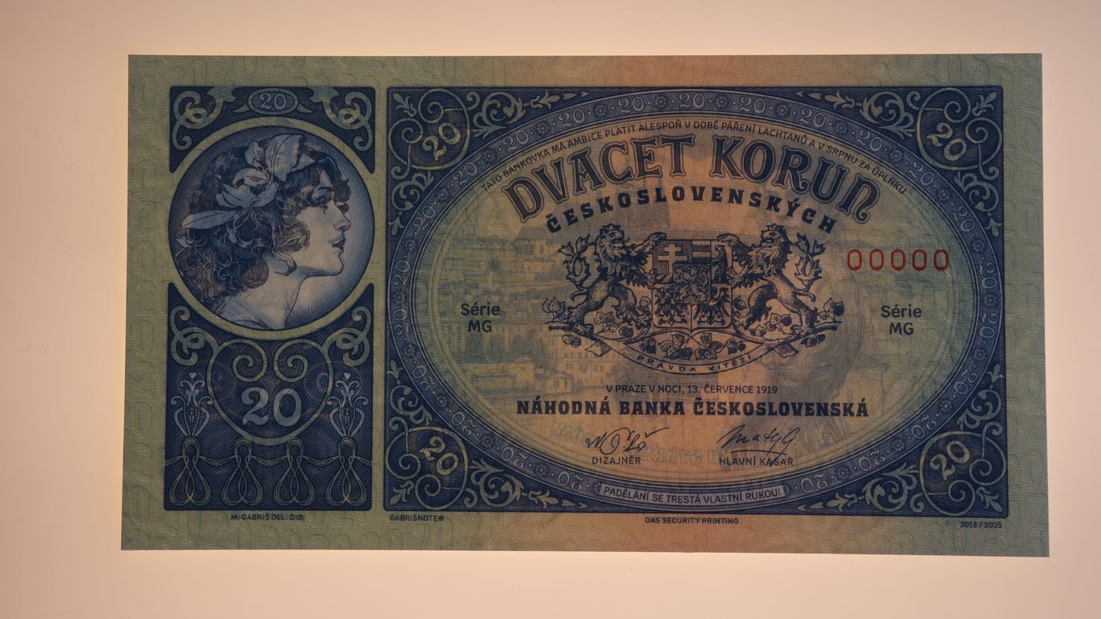 Gábrišovka – 20 korún Československých 1919 - avers proti světlu