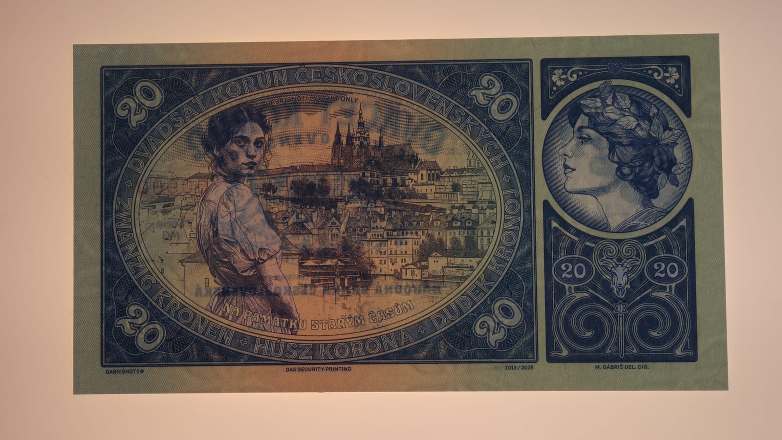 Gábrišovka – 20 korún Československých 1919 - revers proti světlu